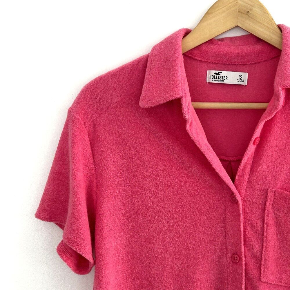 Hollister Resort Terry Cropped Button Down Shirt Top Size Small Pink Pocket - Picture 3 of 9